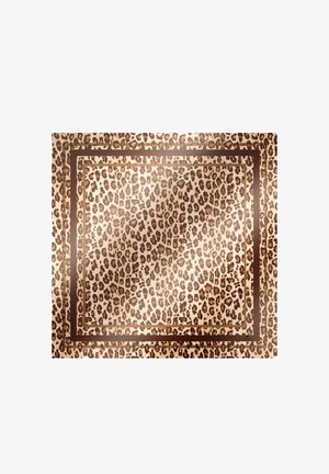 Kvadratni šal z bleščečim rjavim in rjavkastim vzorcem gepardjih lis ter dvema temno rjavima pravokotnima robovoma.