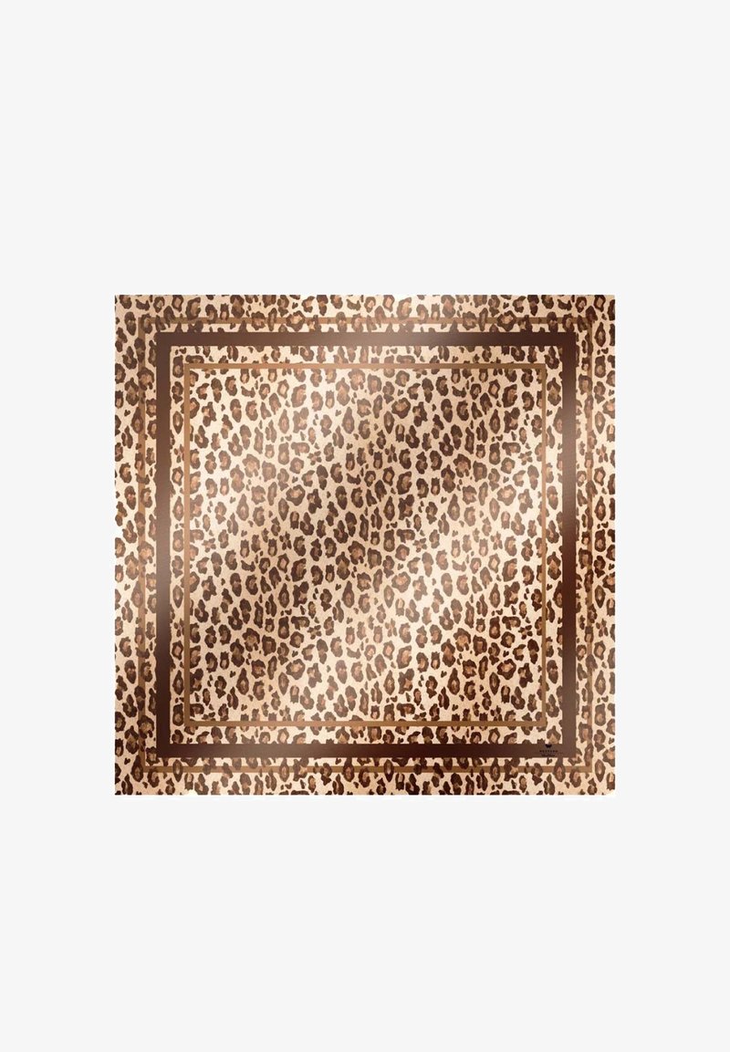 Τετράγωνο μαντήλι με γυαλιστερό καφέ και ταμπά σχέδιο λεοπάρ και δύο σκούρα καφέ ορθογώνια πλαίσια.