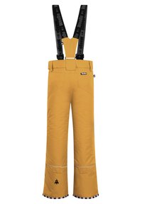 Gula snöbyxor med svarta hängslen, med reflexdetaljer, vida ben och en logotyp i närheten av nederkanten. Designade för vinterbruk.