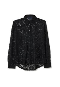 Camicia nera a maniche lunghe con bottoni, realizzata in tessuto di pizzo floreale, con colletto e un motivo trasparente visibile.