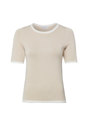 Beżowy dzianinowy top z krótkim rękawem z białą lamówką na dekolcie, końcach rękawów i na dole, ze znakiem rozmiaru small.