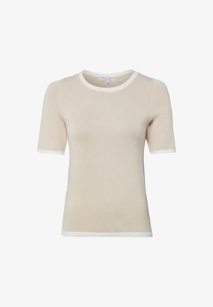 Top en maille beige à manches courtes avec bordure blanche à l'encolure, aux extrémités des manches et à l'ourlet, taille small.