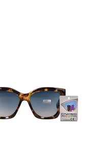 Gafas de sol carey con lentes degradados, montura cuadrada y etiqueta de protección UV. Acompañadas de una etiqueta de embalaje que muestra gráficos coloridos.