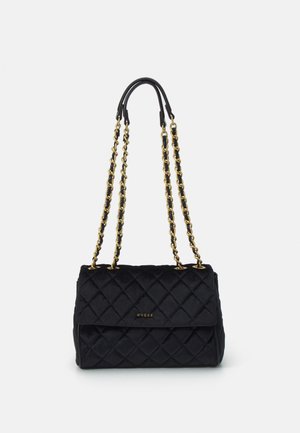 Black quilted shoulder bag with gold chain straps and small gold logo on front flap.