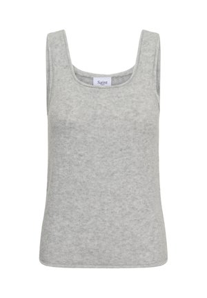 Gray sleeveless top made of soft, textured fabric with a square neckline and wide shoulder straps. Label reads "Saint."
