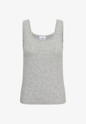 Siv brezrokavnik iz mehke, teksturirane tkanine s kvadratnim izrezom in širokimi naramnicami. Oznaka navaja "Saint."