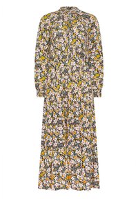 Vestido maxi floral en amarillo, rosa y blanco con un fondo negro. Presenta mangas largas, un escote alto y cintura fruncida.