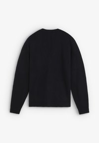 Navy sweater with a round neckline, long sleeves, and ribbed cuffs. Smooth texture, minimalist design, and no visible hardware or patterns.
