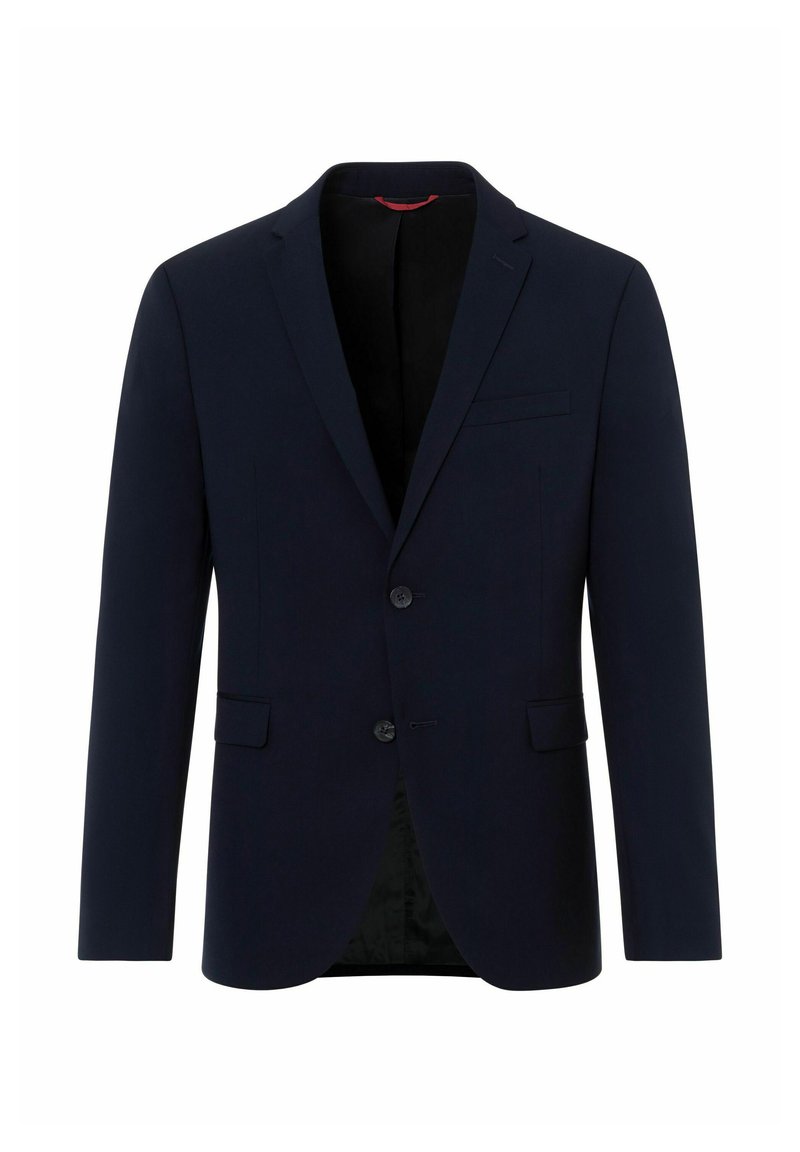Navyblauer Blazer aus glattem Stoff, mit einem Reverskragen, zwei Knöpfen und zwei Vorderaschen. Das Innenfutter ist schwarz.