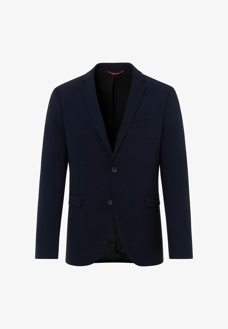 Navyblauer Blazer aus glattem Stoff, mit einem Reverskragen, zwei Knöpfen und zwei Vorderaschen. Das Innenfutter ist schwarz.