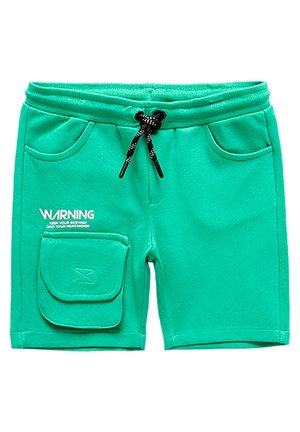 Shorts bébé couleur sarcelle avec taille élastique, cordon noir, poches avant, poche à rabat sur la jambe gauche et texte blanc "WARNING" sur le côté gauche.