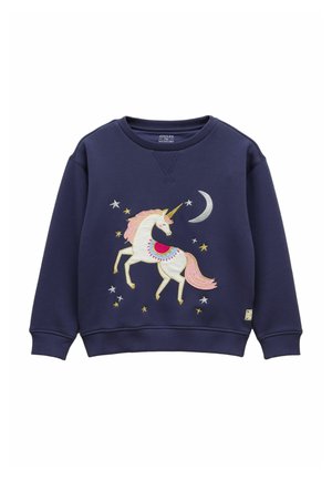 Marineblaues Sweatshirt mit einem Einhorn mit pastellrosa Mähne, goldenem Horn, buntem Sattel, Sternen und einem Halbmond-Design auf der Vorderseite.