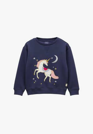 Marineblaues Sweatshirt mit einem Einhorn mit pastellrosa Mähne, goldenem Horn, buntem Sattel, Sternen und einem Halbmond-Design auf der Vorderseite.