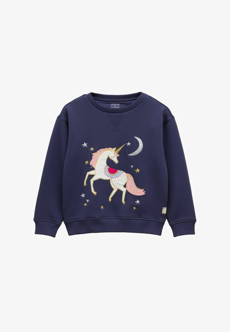 Sweat-shirt bleu marine avec une licorne à crinière rose pastel, une corne dorée, une selle colorée, des étoiles et un croissant de lune sur le devant.
