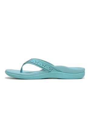 Aqua flip-flop with a textured footbed, V-shaped strap featuring cut-out patterns, and a cushioned sole for comfort.