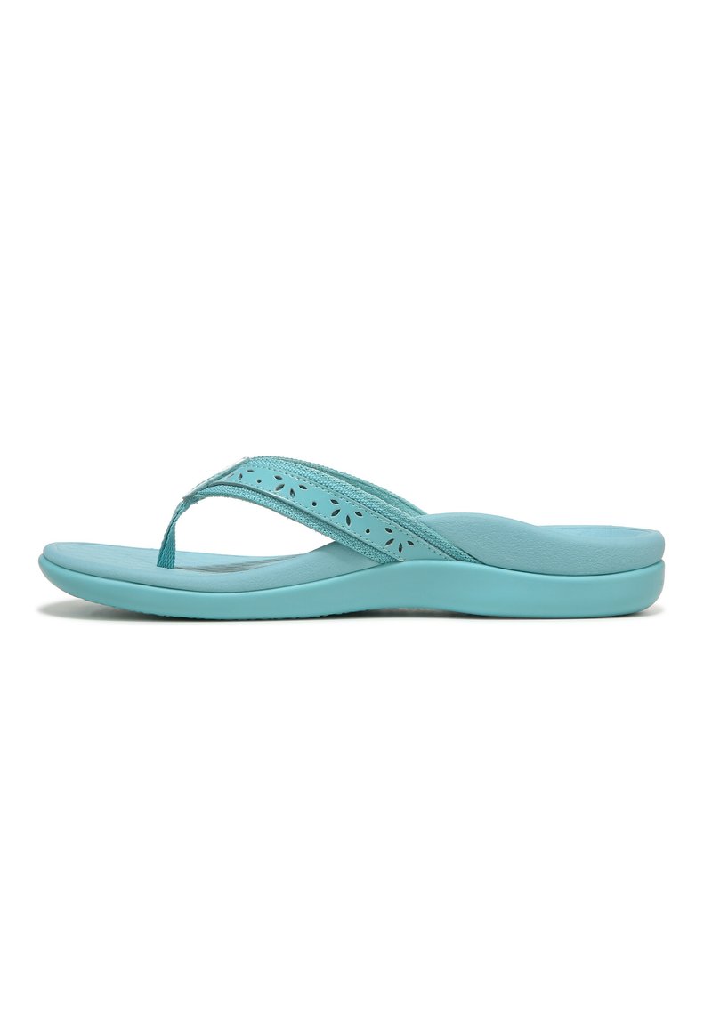 Aqua flip-flop with a textured footbed, V-shaped strap featuring cut-out patterns, and a cushioned sole for comfort.