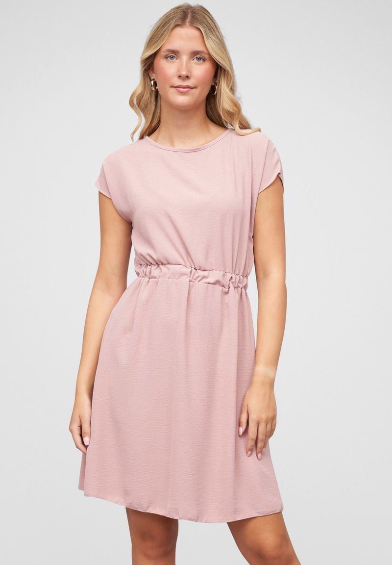 Pink, short-sleeve dress made of soft fabric with a cinched waist and relaxed fit, featuring a round neckline and knee-length hem.