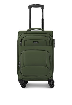 Valise cabine souple verte avec quatre roues, poignée télescopique, poches avant zippées et petit logo SMARTBOX rectangulaire.