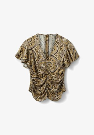 Bluza kratkih rukava s V-izrezom, ukrašena bež, smeđim i crnim cvjetnim paisley uzorkom te naboranim detaljem sprijeda.