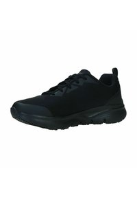 Scarpa sportiva nera realizzata in materiale a rete traspirante. Presenta una suola in gomma, colletto imbottito e design con lacci. Superficie testurizzata per una migliore aderenza.