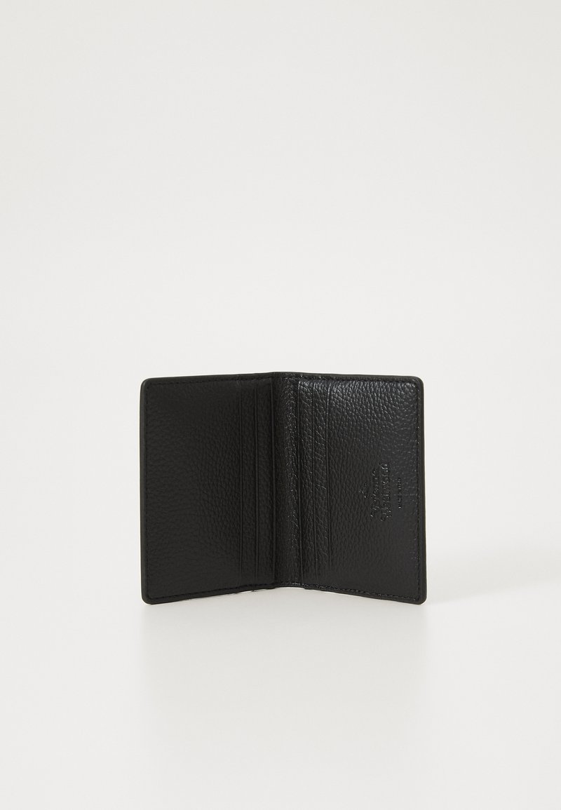 Black leather wallet with a textured finish, featuring multiple card slots and an embossed logo on the interior. Opens to a bi-fold design.