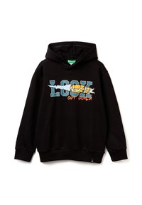 Felpa nera con una grafica frontale che presenta la parola "LOOK" e un personaggio dei cartoni animati. Realizzata in morbido tessuto testurizzato con cappuccio regolabile.