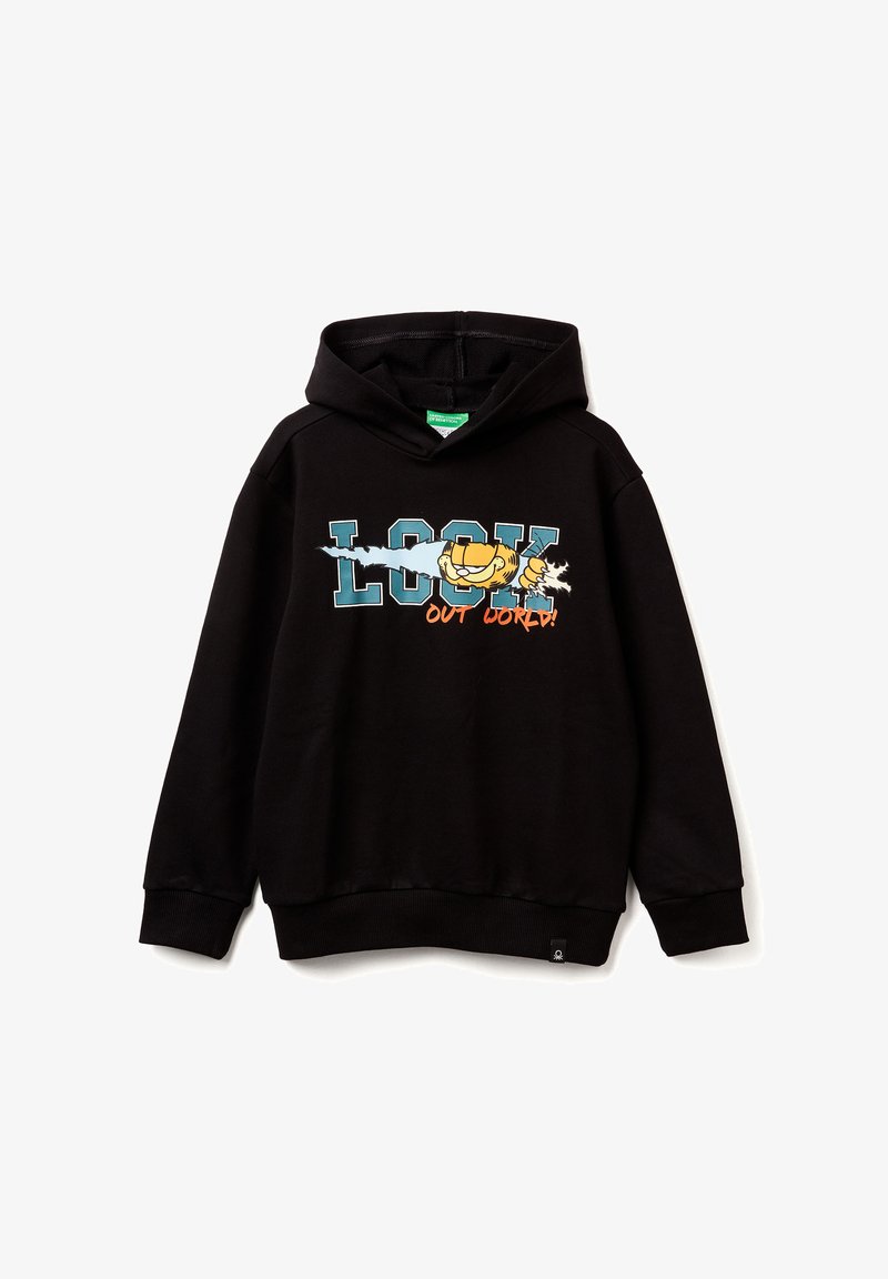Sudadera negra con un gráfico frontal que presenta la palabra "LOOK" y un personaje de dibujos animados. Fabricada en tejido suave y texturizado con capucha ajustable.