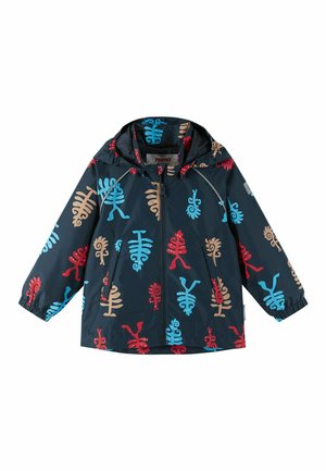 Navy farbige, wasserfeste Jacke mit bunten abstrakten Mustern in Rot, Blau und Beige. Sie hat eine Kapuze und elastische Bündchen. Mit Reißverschluss.