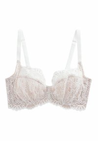 Reggiseno in pizzo con una combinazione di colori rosa crema e bianco, caratterizzato da intricati motivi a spirale, supporto con ferretto e spalline regolabili bianche.