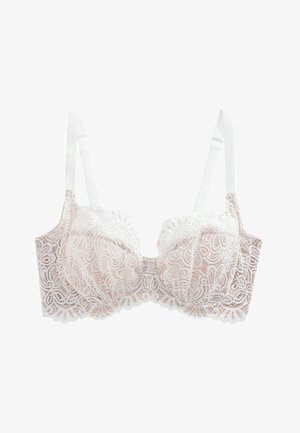 Kanten bh met een romige roze en witte kleurenschema, voorzien van ingewikkelde spiraalpatronen, onderlinge ondersteuning en verstelbare witte bandjes.