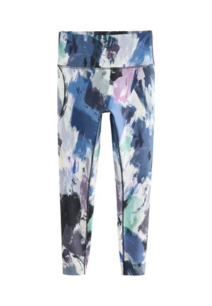 Hoch taillierte Sportleggings mit abstraktem Pinselstrichmuster in Blau, Schwarz, Weiß, Pink und Grüntönen.