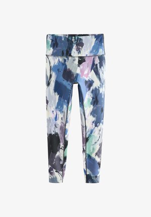Hoch taillierte Sportleggings mit abstraktem Pinselstrichmuster in Blau, Schwarz, Weiß, Pink und Grüntönen.