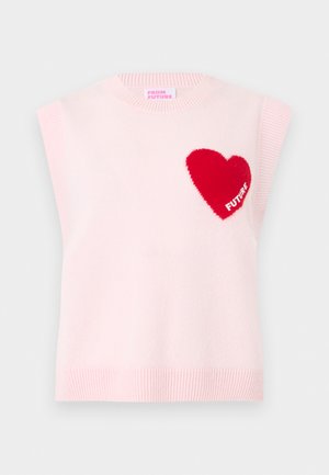 Gilet senza maniche in maglia rosa chiaro con bordi a coste e un cuore rosso sul petto ricamato con la parola "FUTURE".
