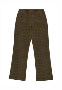 Pantalons à carreaux verts avec une coupe évasée, présentant une fermeture éclair et deux poches arrière. Le tissu a une finition texturée avec un motif à carreaux.