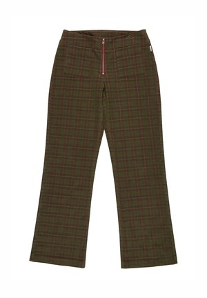 Groene geruite broek met een wijd pijpontwerp, voorzien van een ritssluiting en twee achterzakken. De stof heeft een gestructuurde afwerking met een geruit patroon.