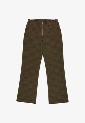 Grüne Karohosen mit weitem Bein, ausgestattet mit einem Reißverschluss und zwei Gesäßtaschen. Der Stoff hat eine strukturierte Oberfläche mit einem karrierten Muster.