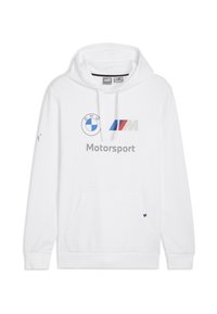 Felpa bianca in misto cotone, con loghi BMW e M, scritta "Motorsport", tasca a marsupio e polsini a costine.
