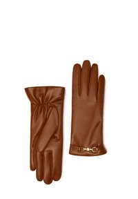 Leather gloves in rich brown, featuring a gathered wrist and smooth texture. A gold accent adorns the cuff for added detail.