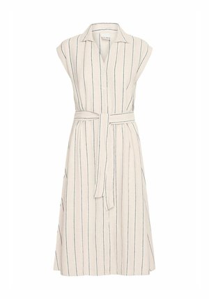 Hemdjurk van linnen met korte mouwen, voorzien van verticale blauwe strepen op een lichtbeige achtergrond, en een bijpassende strikriem in de taille.