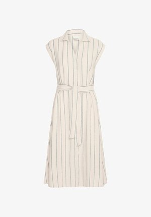 Nööpidega linane kleit lühikeste varrukatega, millel on vertikaalsed sinised triibud heleda beeži tausta peal ja sellele sobiv sidumisvöö vöökohtadel.