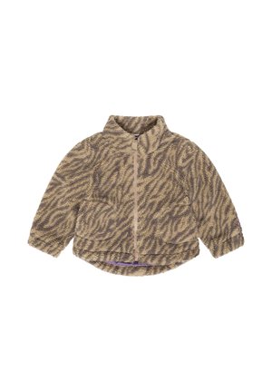 Børne-størrelse, fluffy jakke med brune og beige zebrastriber, front-lynlås, to lommer og høj krave.