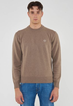 Young man wearing a brown crewneck sweater with a small white emblem on chest and blue jeans, standing against a plain white background.