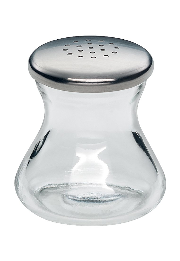 Glazen zoutshaker met een ronde basis, doorzichtig lichaam en cilindrische hals. Metalen geperforeerd deksel voor gecontroleerde dosering.