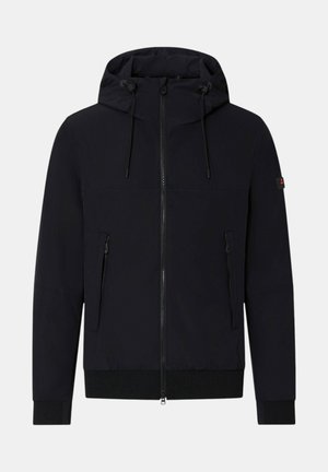 Sort hættejakke med frontlynlås, lynlåslommer i siderne, justerbare snore og ribstrikkede manchetter og kant, vist på en ensfarvet baggrund.