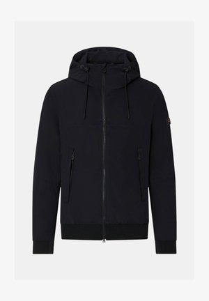 Giacca nera con cappuccio, zip frontale, tasche laterali con zip, cordini regolabili e polsini e orlo a coste, mostrata su sfondo semplice.