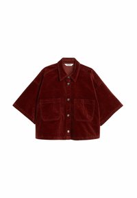 Burgundy corduroy jacket with a pointed collar, short sleeves, two front pockets, and silver snap buttons. Smooth texture and relaxed fit.