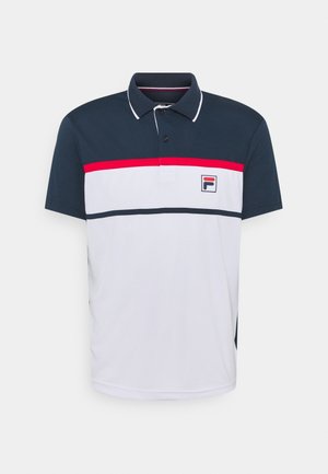 Polo z krótkim rękawem, granatowa góra, biały dół, czerwone i granatowe poziome paski oraz małe logo na lewej piersi.