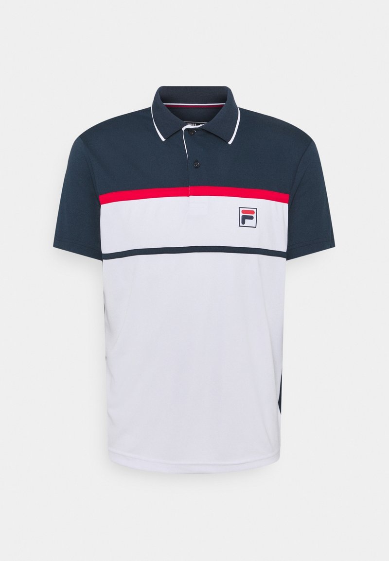 Polo à manches courtes avec le haut bleu marine, le bas blanc, des rayures horizontales rouges et bleu marine, et un petit logo sur la poitrine gauche.