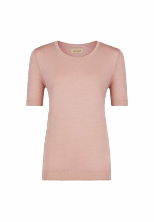 Jasnoróżowy, dziergany top z krótkim rękawem i okrągłym dekoltem, charakteryzujący się gładką fakturą oraz prążkowanymi akcentami przy dekolcie i rękawach.