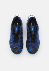 Blå och svarta trailrunning-skor med en texturerad ovandel, elastiska snörer, förstärkt tå och en distinkt logotyp på tungan.